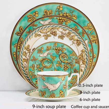 EECAMAIL British Style Bone China Model Room Club Western Tableware Steak Plate Home Salad Plate Golden Bird Series Set