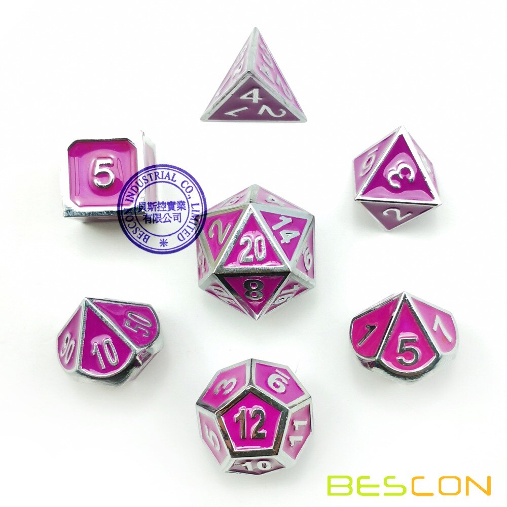 Bescon Deluxe Creatieve Glanzend Zilver en Paars Emaille Effen Metalen Polyhedral Rollenspel RPG Game Dice Set van 7