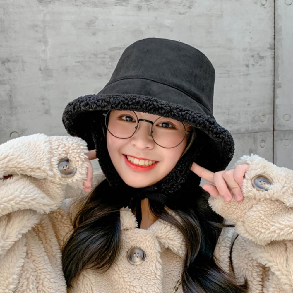 Women Hat Ear Flap Lace Up Bucket Hat Wide Brim Women Solid Color Cashmere Lined Fisherman Cap for Autumn Winter