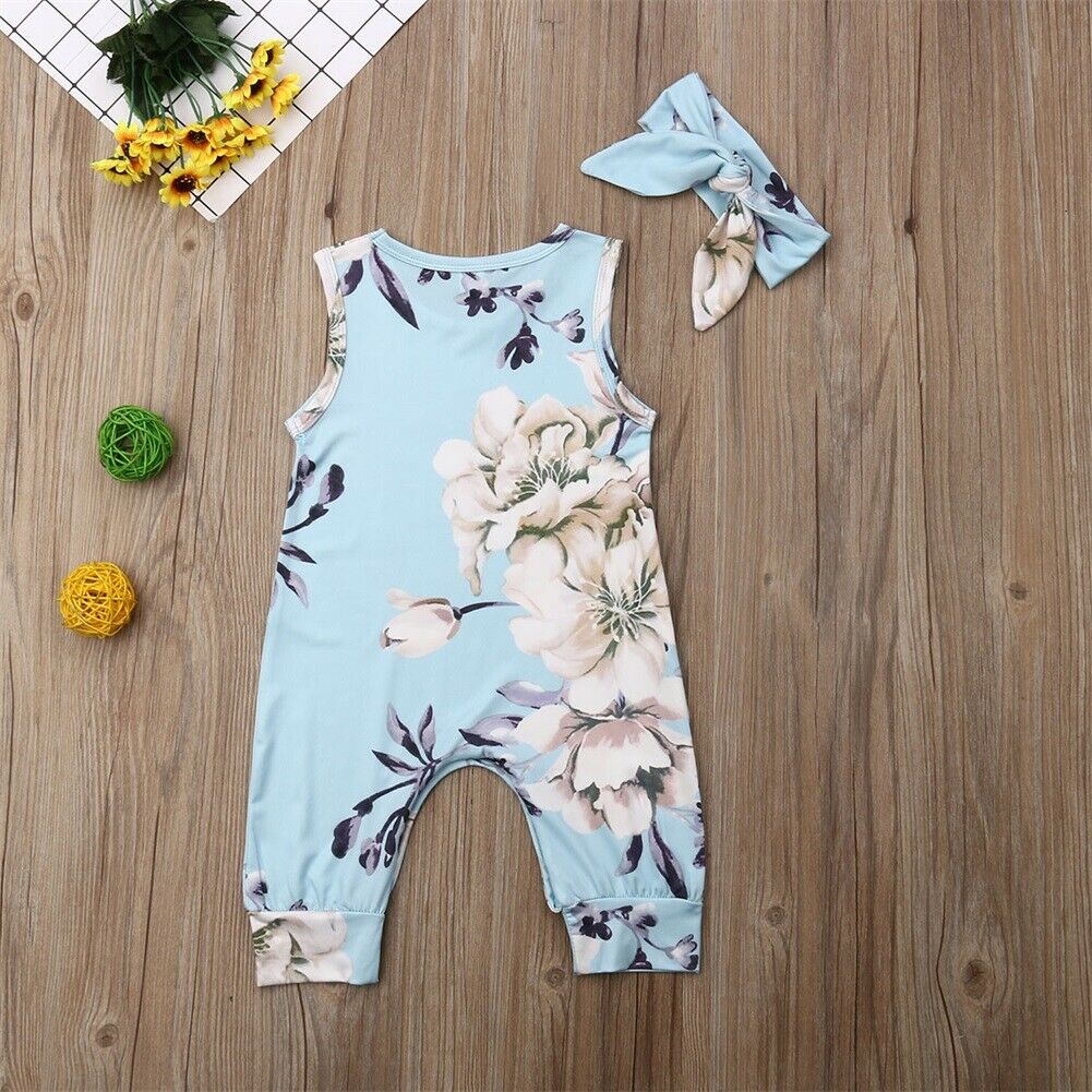 Baby Baby Meisje Jongens Zomer Bloemen Romper Hoofdband 2 Stuks Mouwloze Jumpsuit Outfits Kleding Set