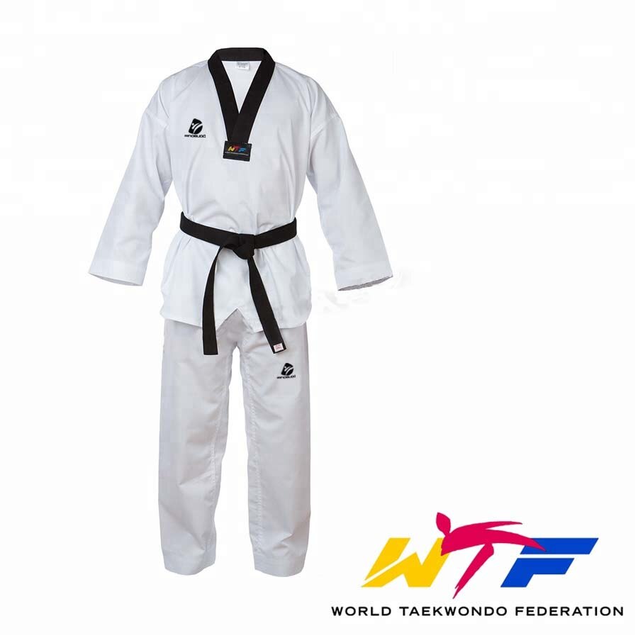 Standard wtf taekwondo uniform 100%  bomuld voksen barn taekwondo træning dobok rød sort v-hals костюм тхэквондо