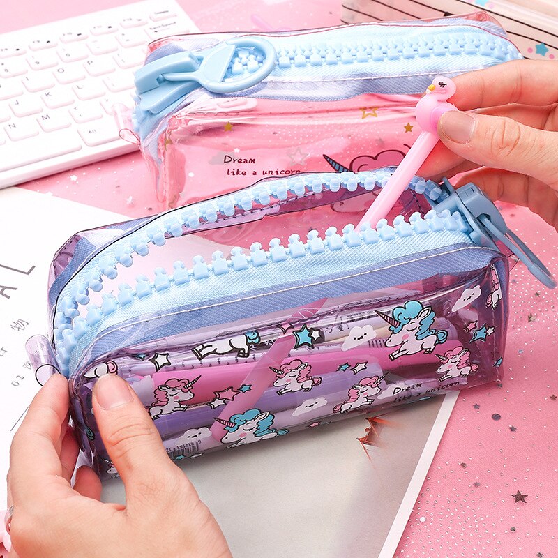 Estuche transparente de unicornio para lápices, estuche escolar de gran capacidad con cremallera, bolsa de almacenamiento, caja de suministros para la escuela, de papelería