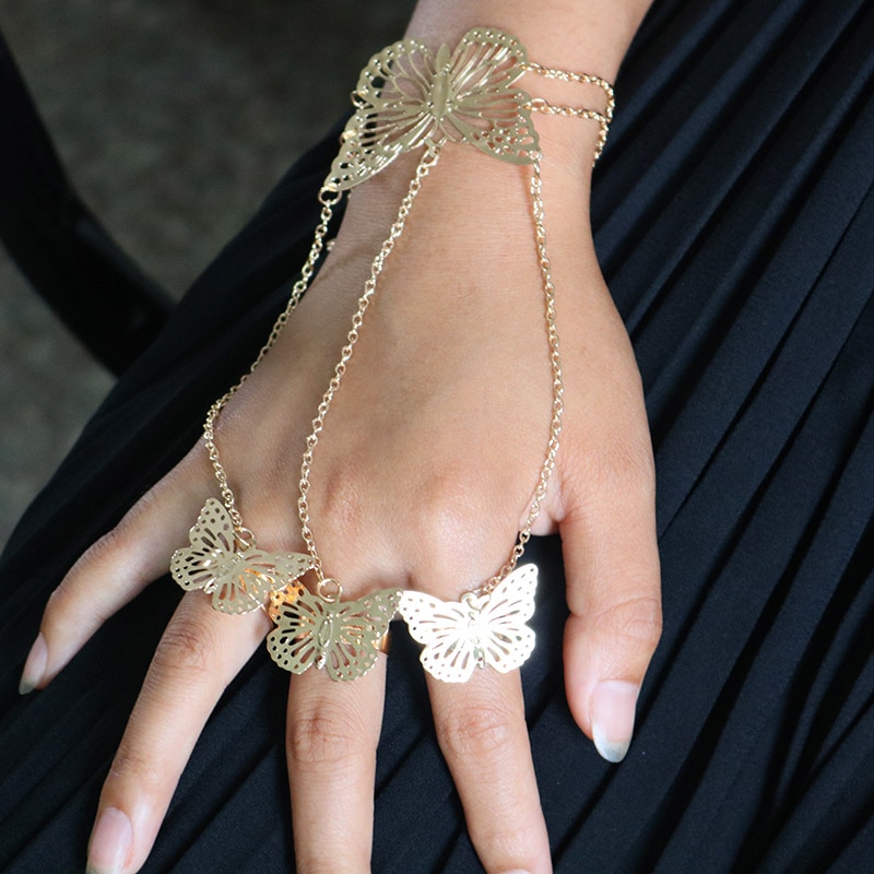 Butterfly Adjustable Gold/Silver Plated Bangles& Bracelets with Finger Ring for Women Arm Cuff Bangles Femme Jewelry