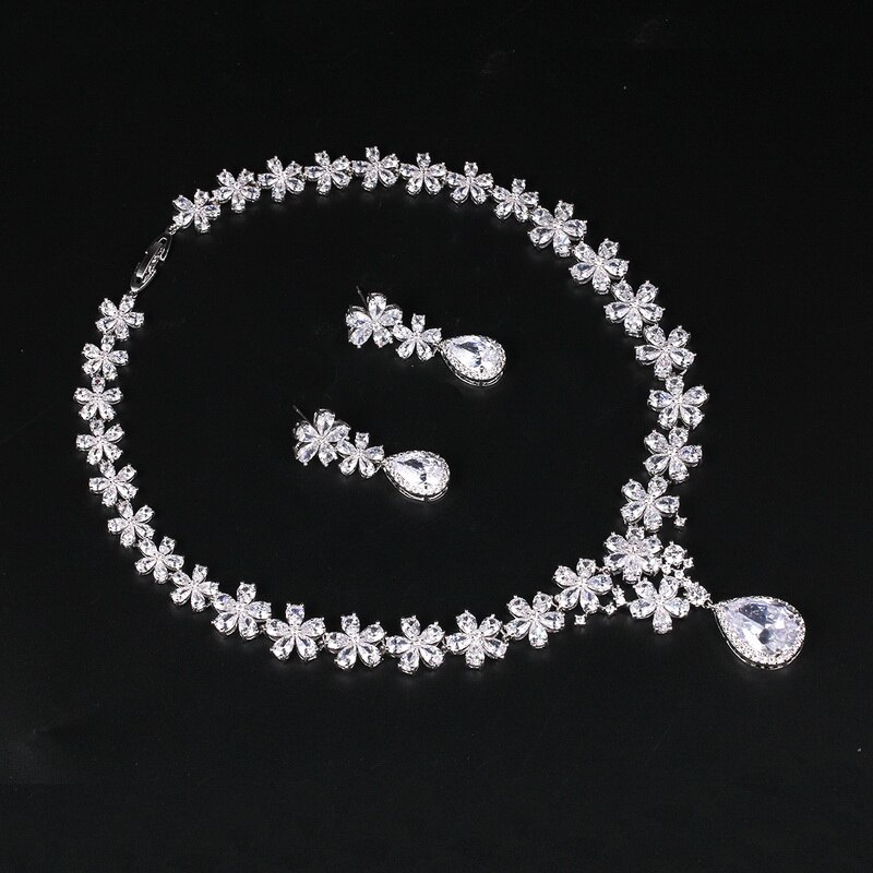 Flower Cubic Zirconia Crystal Necklace and Earrings Wedding Set Bridal Bridesmaid Jewelry