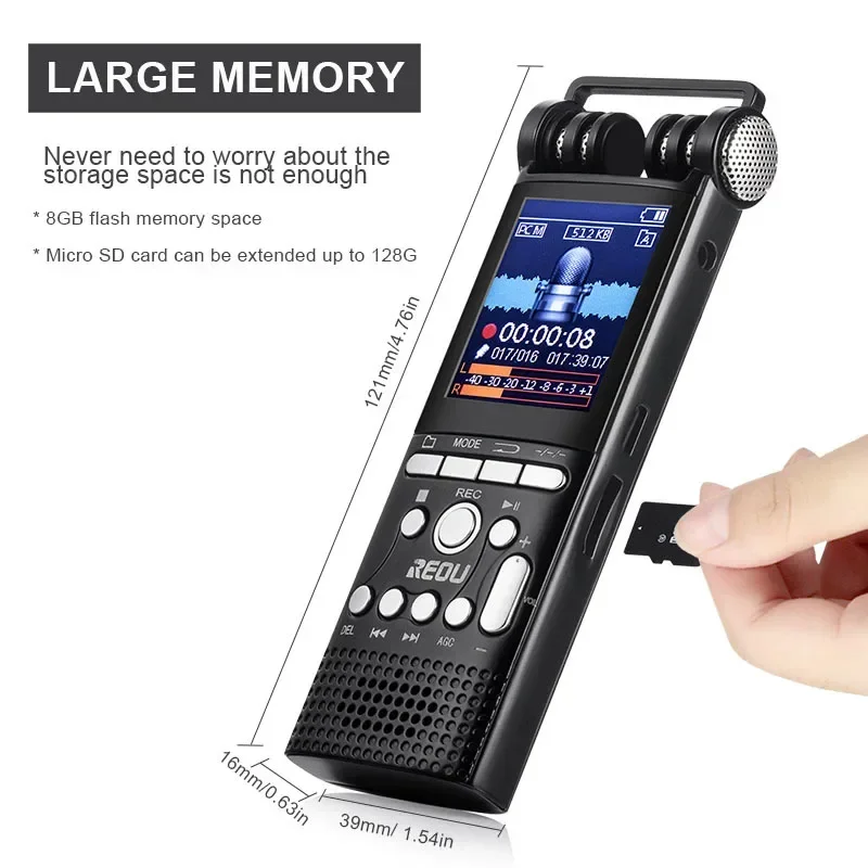 Professionele spraakopname geactiveerde digitale audiorecorder USB Non-stop 100 uur Pcm 1536 kbps externe microfoon 8 GB/16 GB/32 GB