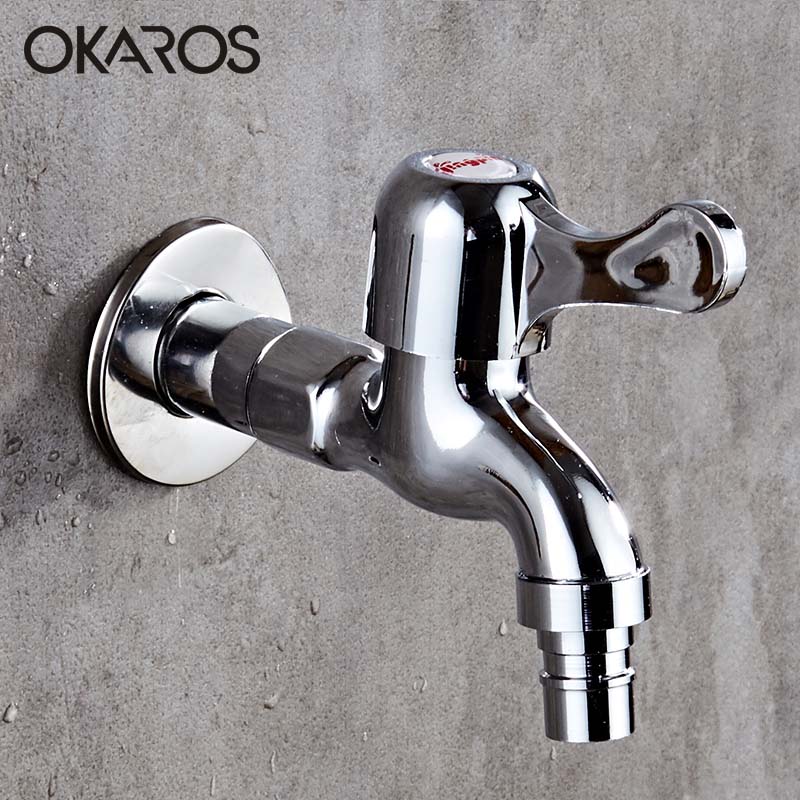 OKAROS Brass Wall Mount Chrome Finished Small Tap Decorative Double Garden Faucet Washing Machine Tap Bibcock Water Taps: style2