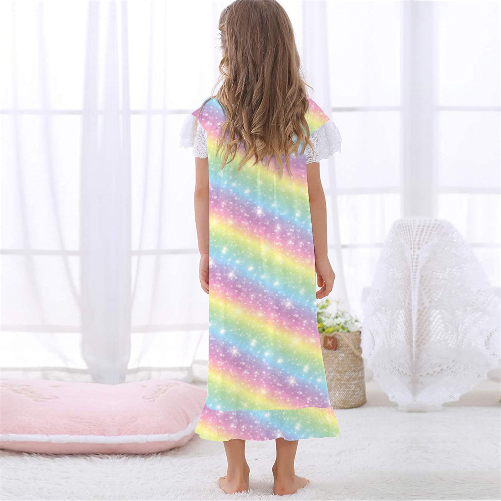 Girls Nightdress Short Sleeve Cute Princess Lace Cotton Sleep Dress Soft And Comfortable Breathable With Zipper On The Back