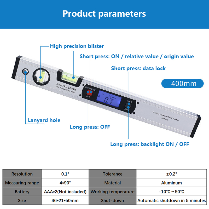 400mm høj præcision digital vaterpas boble elektronisk niveau vinkel finder meter hældning test lineal med magnetisk