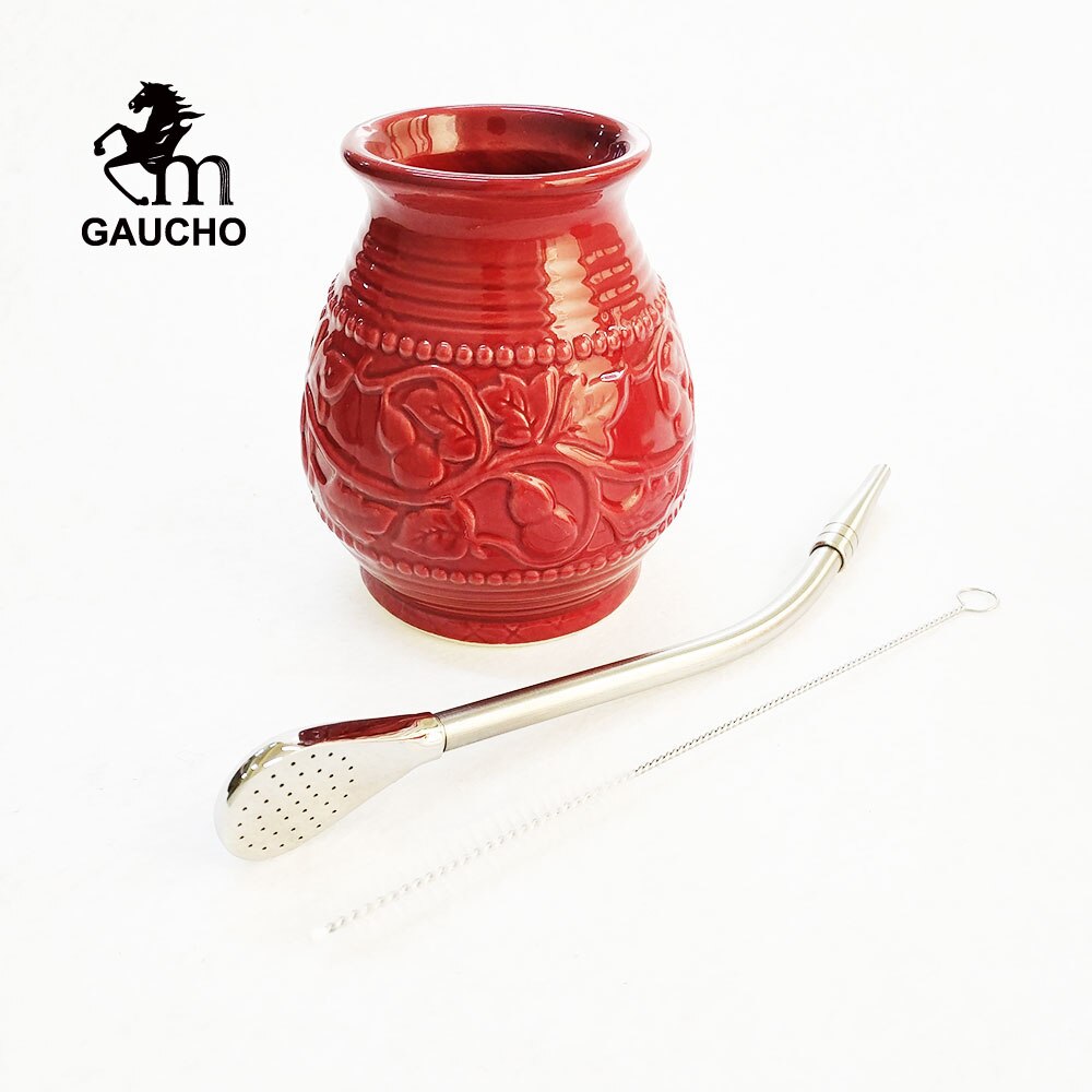 1 set/lot gaucho yerba mate kalebass kalebasser 250 ml keramiska koppar med rostfritt bombilla sugrör och rengöringsborste: Mb031-250 ml