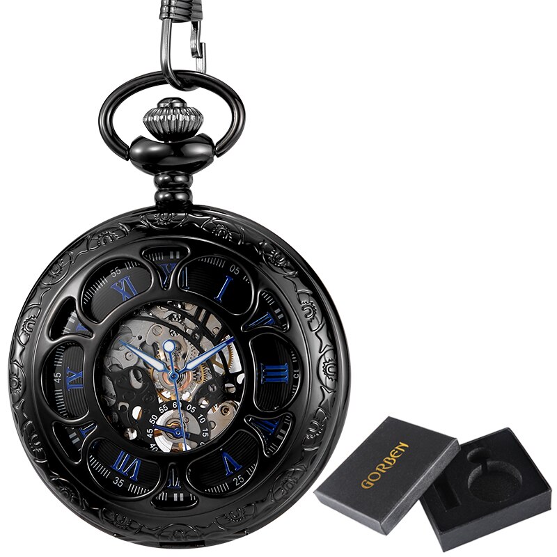 Gyldent guld mekanisk hånd vind lommeure blå romertal urskive mekanisk flip ur herre ur med fob kæde boks: Sort (med æske)