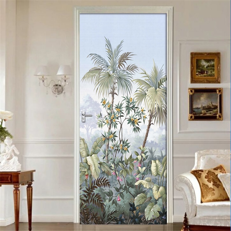3D Behang Tropische Bladeren Bloemen Deur Sticker Woonkamer Keuken Pvc Waterdicht Muurstickers Zelfklevende Deur Poster