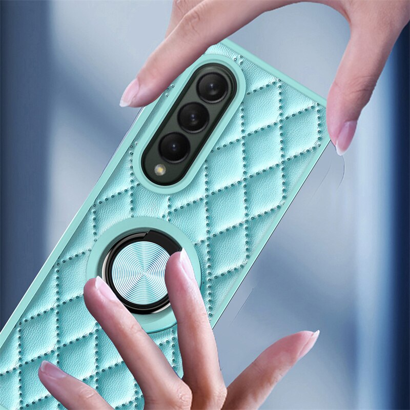 Diamant Telefoon Geval Voor Samsung Galaxy Z Vouw 3 5G Embossing Lederen Ring Met Houder Shockproof Back Cover Voor galaxy Z Vouw 3