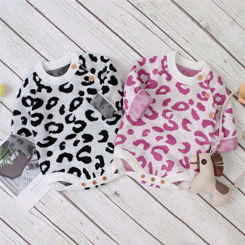 Baby Boy Girl Winter Leopard Romper Jumpsuit Overall Knitted Sweater Clothes