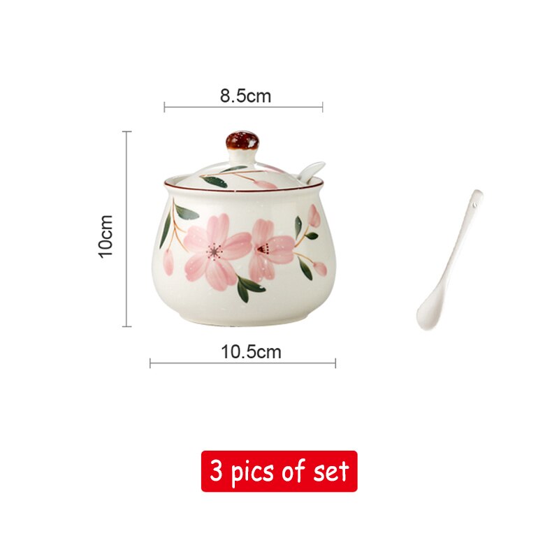 Stile giapponese di Ceramica di saldi Zucchero Pepe Miele Barattolo di Spezie shaker Condimento Accessori Da Cucina Scatola di Stoccaggio Spezia Vasetti di Bottiglia Cremagliera: 3 Jars 3 Spoons