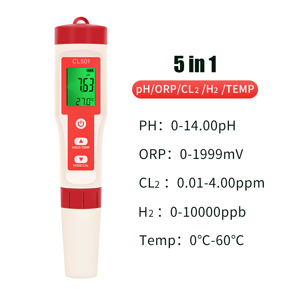 5-in-1-Chlormessgerät PH CL2 H2 ORP Temperaturmessgerät Wasserqualitätstester für Pools Trinkwasser Aquarium Schwimmbad: Orange