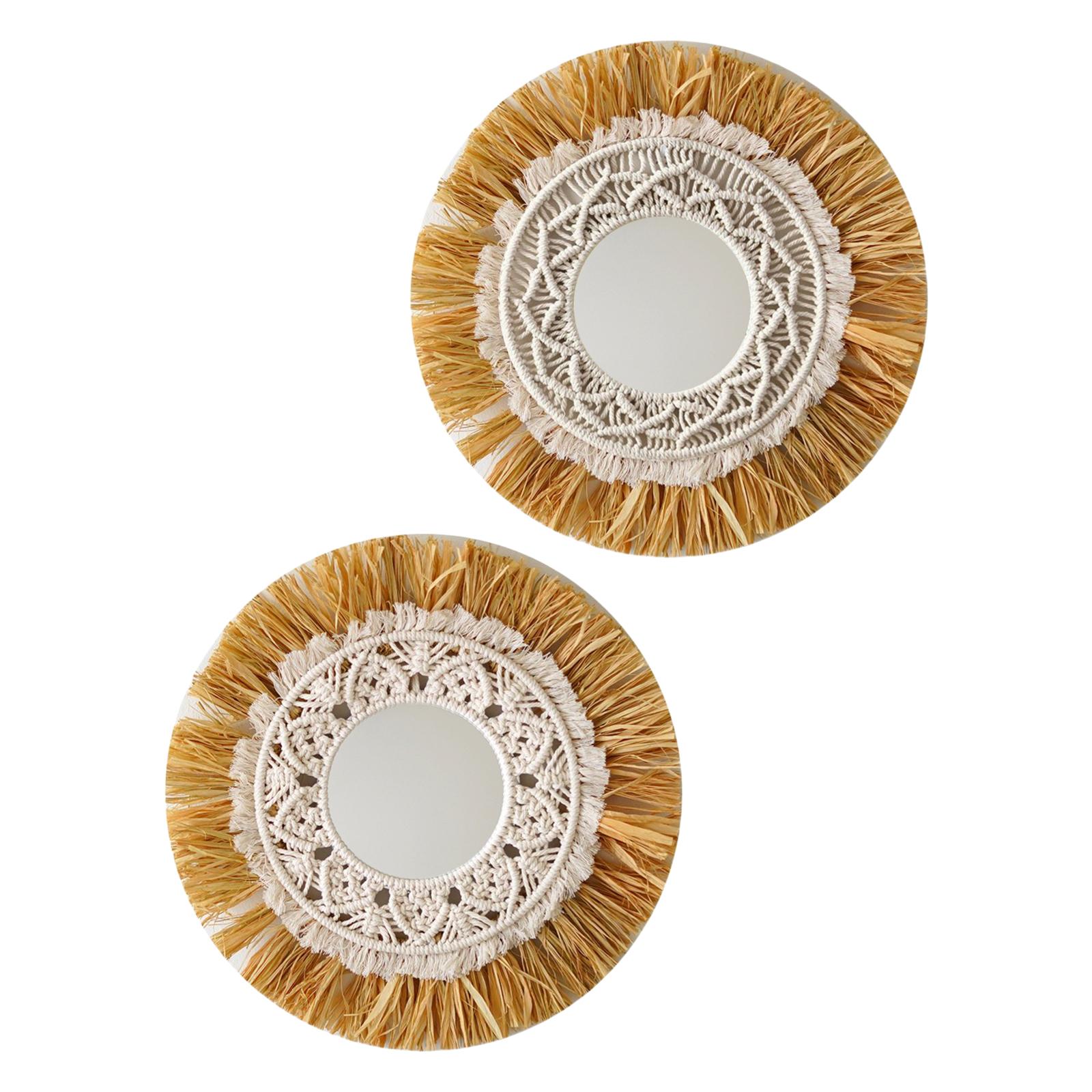 Boho Raffia Wall Hanging Mirror Macrame Nordic Mirrors Apartment Decoration