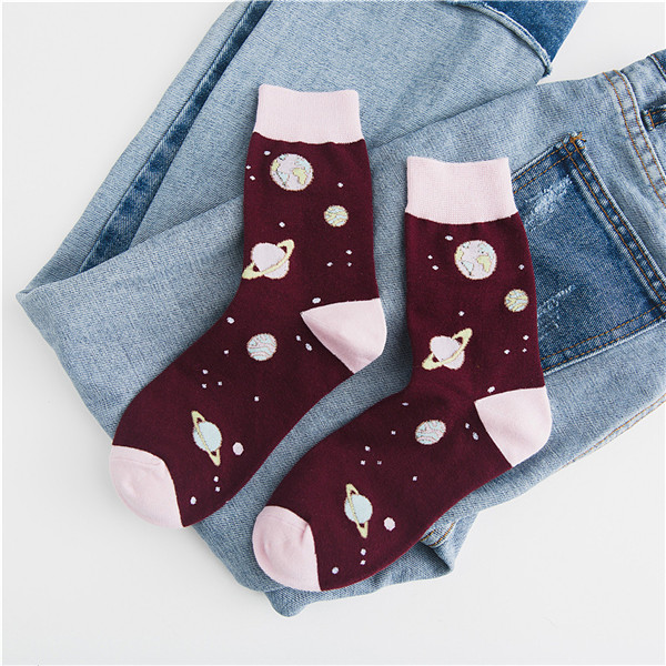 Chaozhu Onoverwinnelijk Schoonheid Meisje Leuke Chic Puss Katoen Roze Paars Cartoon Planeet Sokken Herfst Winter Kawai Super Sokken Dame: Bourgondië