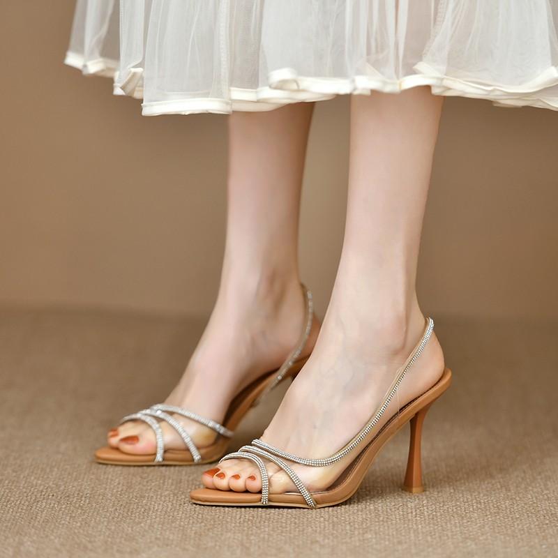 Kvinder sommer rhinsten slingback pumps kontordame transparente hæle sandaler spidse tå sexede høje hæle: Guld / 36
