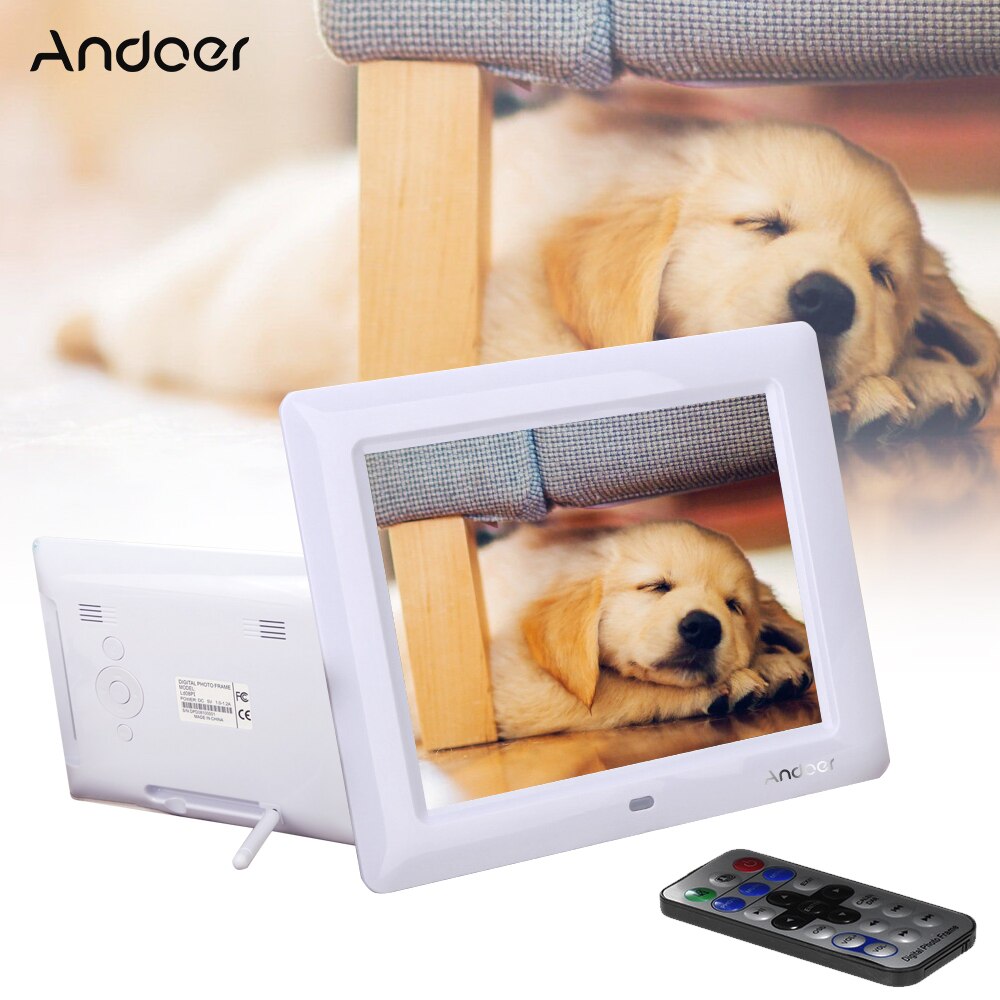 Andoer 8'' HD TFT-LCD Digital Photo Frame Electronic Picture Frame Photo Album Clock MP3 MP4 Movie Player with Remote Desktop: Ivory / US Plug