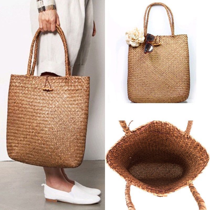 Bolsa casual de palha feminina, sacola para compras feita à mão, sacola de praia, bolsa com fecho