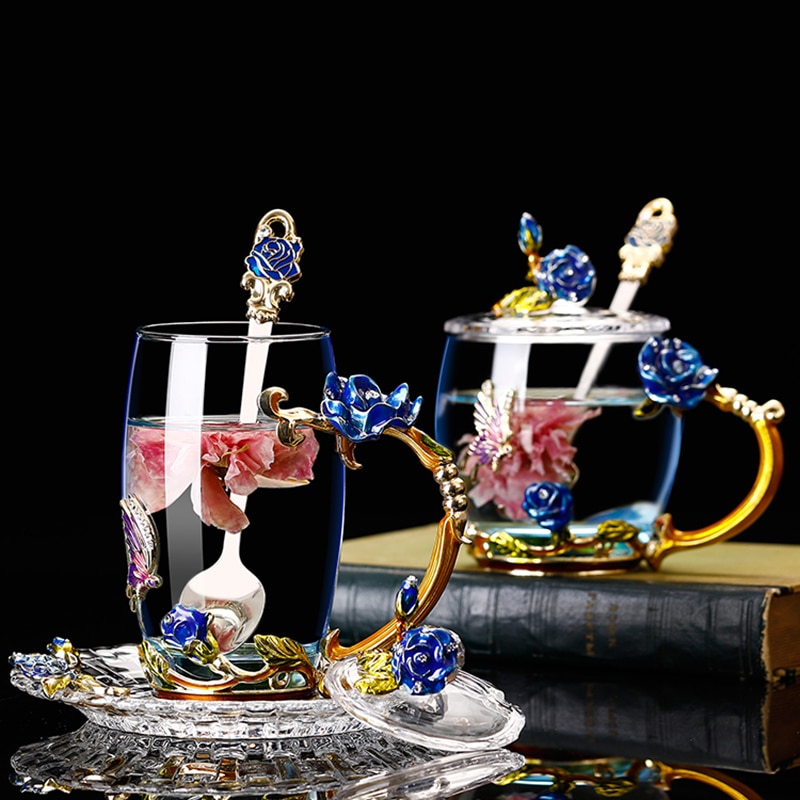Glass Coffee Mug Tea Cup Enamel Crystal Flower High-grade Handgrip for Lover Wedding R2078