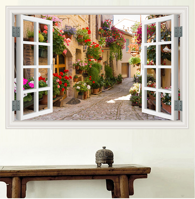 Nature Landscape Flowers 3D Window Art Wall Decal Waterproof Removable Wallpaper Scenery Mural Sticker Home Decor Poster