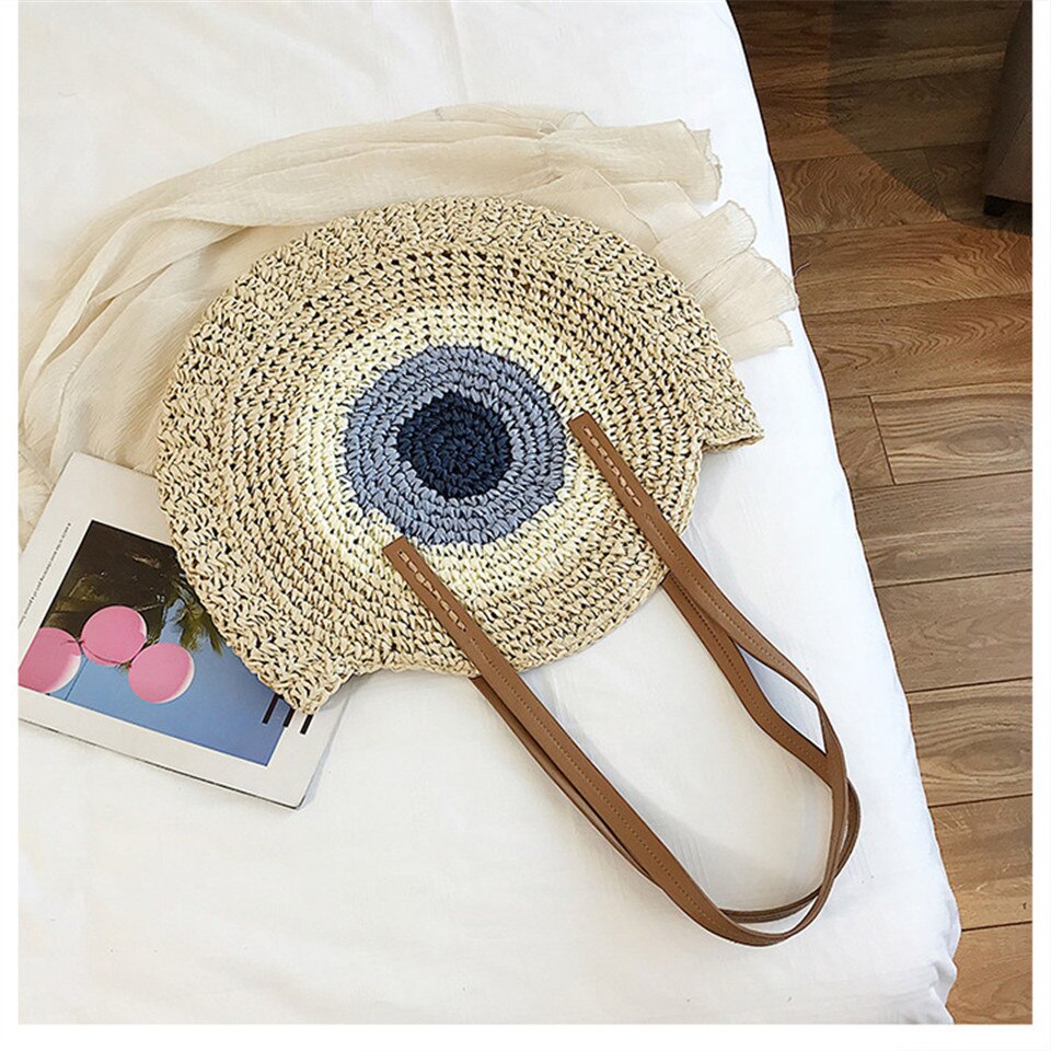 Round Ladies Straw Woven Bag Simple Shoulder Bag Beach Bag Large Capacity Handbag Women Bags Casual Tote Zipper: cream-coloured