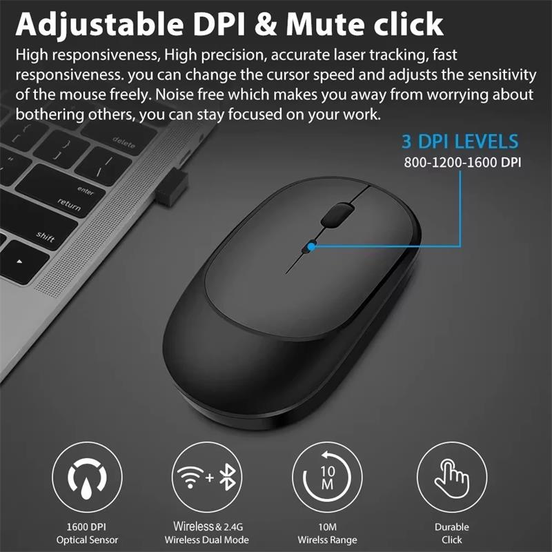 Xiaomi mouse sem fio bluetooth 2.4g, mouse silencioso ajustável dpi design ergonômico usb recarregável para jogos e escritório