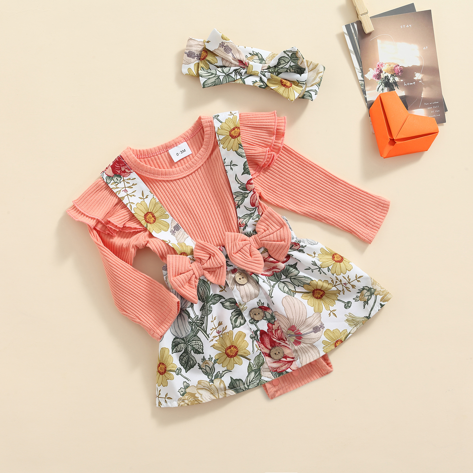 Autumn Toddler Baby Girl Flower Bodysuits Korean Style Princess Long Sleeve Jumpsuit Newborn Clothes with Bowknot Hairband
