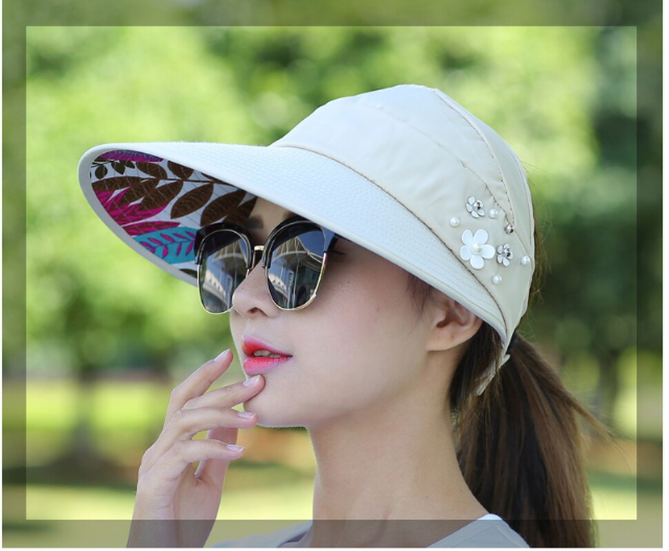 simple women summer beach Sun Hats pearl packable sun visor hat with big heads wide brim UV protection female cap