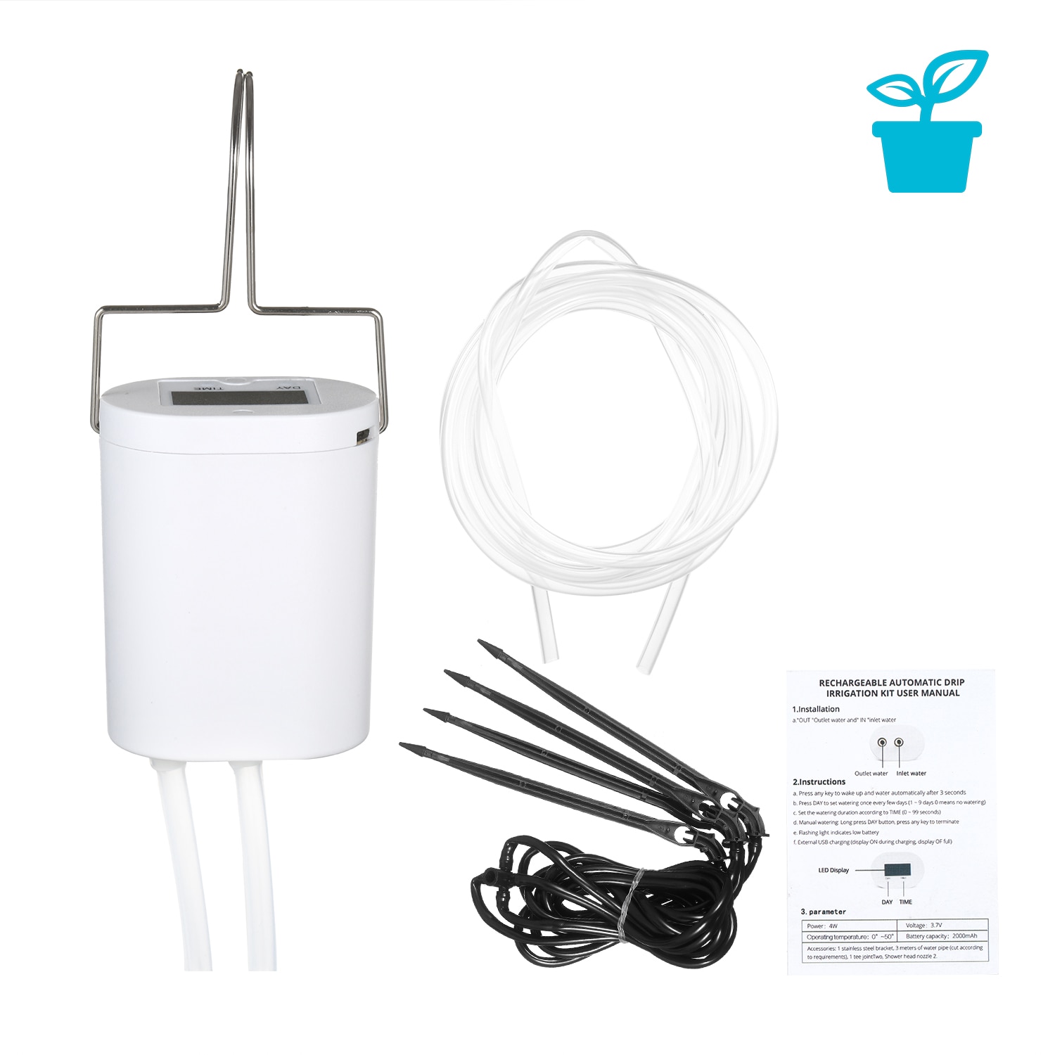 Automated Watering System Device Smart Water Controller Drip Irrigation Kit for 4 Potted Plants with Rechargeable Battery