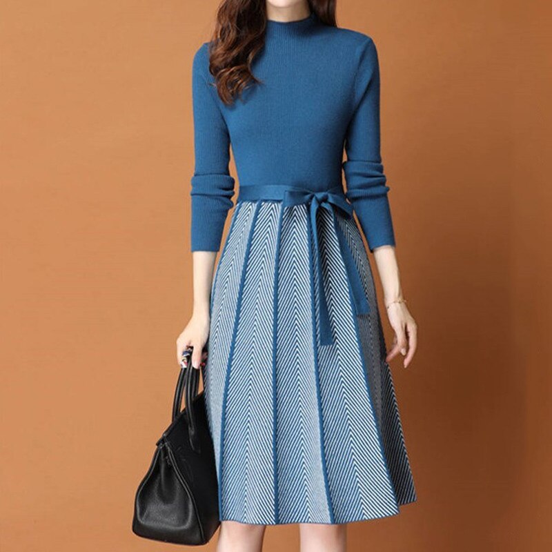 Knitted Sweater Pleated Dress Female Autumn Winter Dress Long Sleeve Sweater Women Dress Office Lady Casual Midi Dress: Blue / XXXL  75-80kg