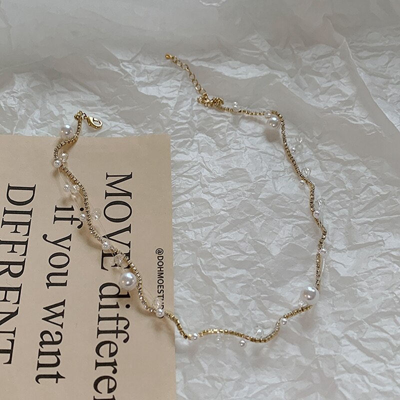 Mengjiqiao 2022 Koreaanse Elegante Parel Kralen Choker Voor Vrouwen Mode Vis Lijn Strass Hanger Ketting Bruiloft Sieraden