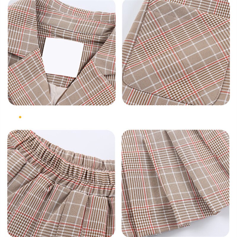 Veste + jupe + chemisier à carreaux pour filles, ensemble 3 pièces de de luxe, veste + jupe + chemisier, tenue décontractée pour adolescentes, printemps et automne
