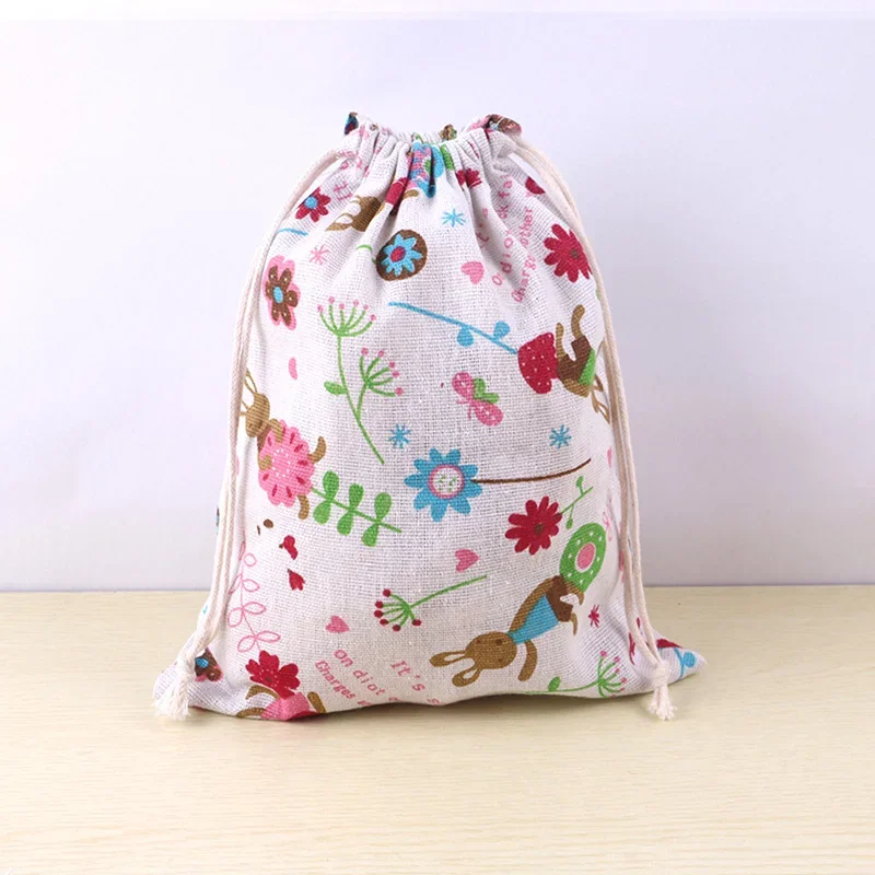 Bolsa de tela de lino y algodón, bolsa con cordón, estampado de plantas y animales bonitos, bolsa de almacenamiento de zapatos de tela de viaje para niños, estuche de maquillaje, bolsa de de Navidad: L / Morado