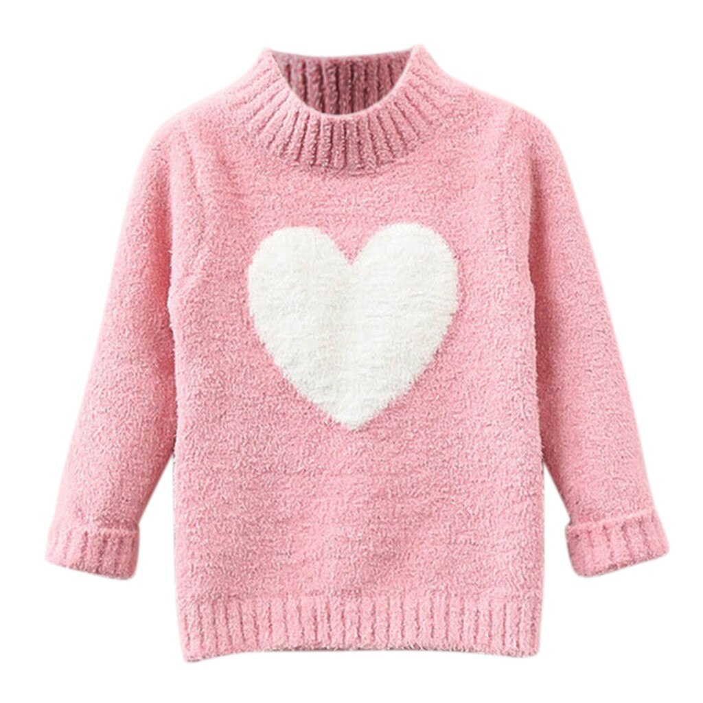 Inverno moda bonito crianças bebê menina manga longa camisola quente amor padrão de malha topos crianças casuais vestidos confortáveis roupas: Rosa / 3-4 Years
