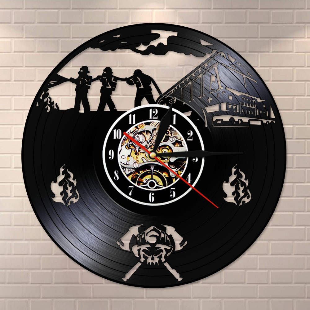 Feuer Abteilung Büro Vinyl aufzeichnen Wanduhr Moderne Jahrgang Feuerwehr Rettungs Silhouette LED Licht Zauberstab Uhr