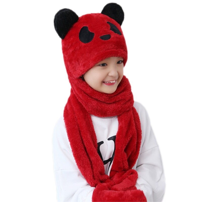 Peuter kinderen baby winter 3 in 1 muts lange sjaal handschoenen set panda dierenoren dikke pluizige pluche hoodie oorklep muts nekwarmer: D / S