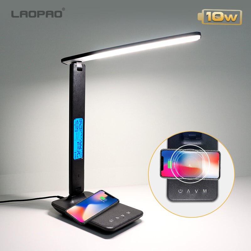 LAOPAO 10W QI Wireless Charging LED Desk Lamp With Calendar Temperature Alarm Clock Eye Protect Study Business Light Table Lamp: black with  Calendar / UK PLUG