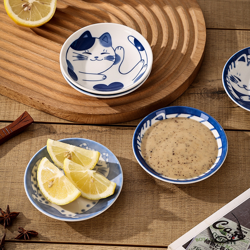 Plato de salsa de postre de cerámica de estilo japonés, vajilla creativa con bonito dibujo de gato de la suerte, platos de Sushi de fruta con forma de gota de agua