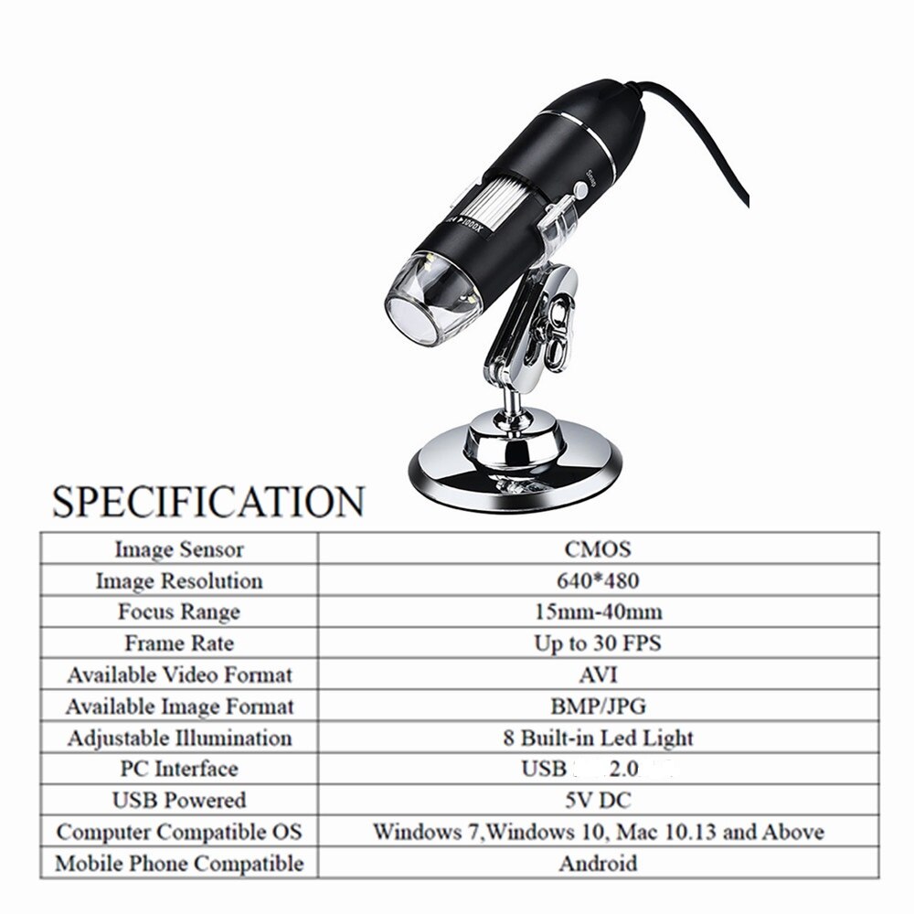 500x 1000x 1600x usb mikroskop håndholdt bærbart digitalt mikroskop usb grensesnitt elektronmikroskop med 8 leds brakett