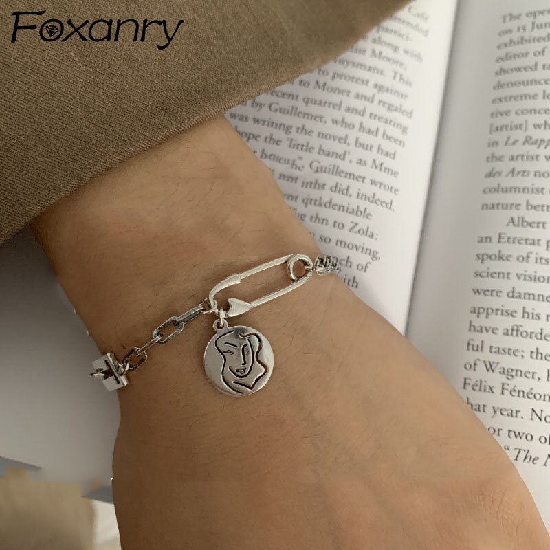 Foxanry 925 Sterling Zilveren Armband Accessoires Trendy Elegante Vintage Creatieve Portret Hanger Pin Sieraden Voor Vrouwen