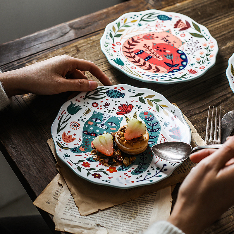 Neue 8 zoll Bunte Katze Abendessen Platte Unter-glasierte Keramik Abendessen Gerichte Nachtisch Tablett Blume Kätzchen Geschirr Mikrowelle Sicher