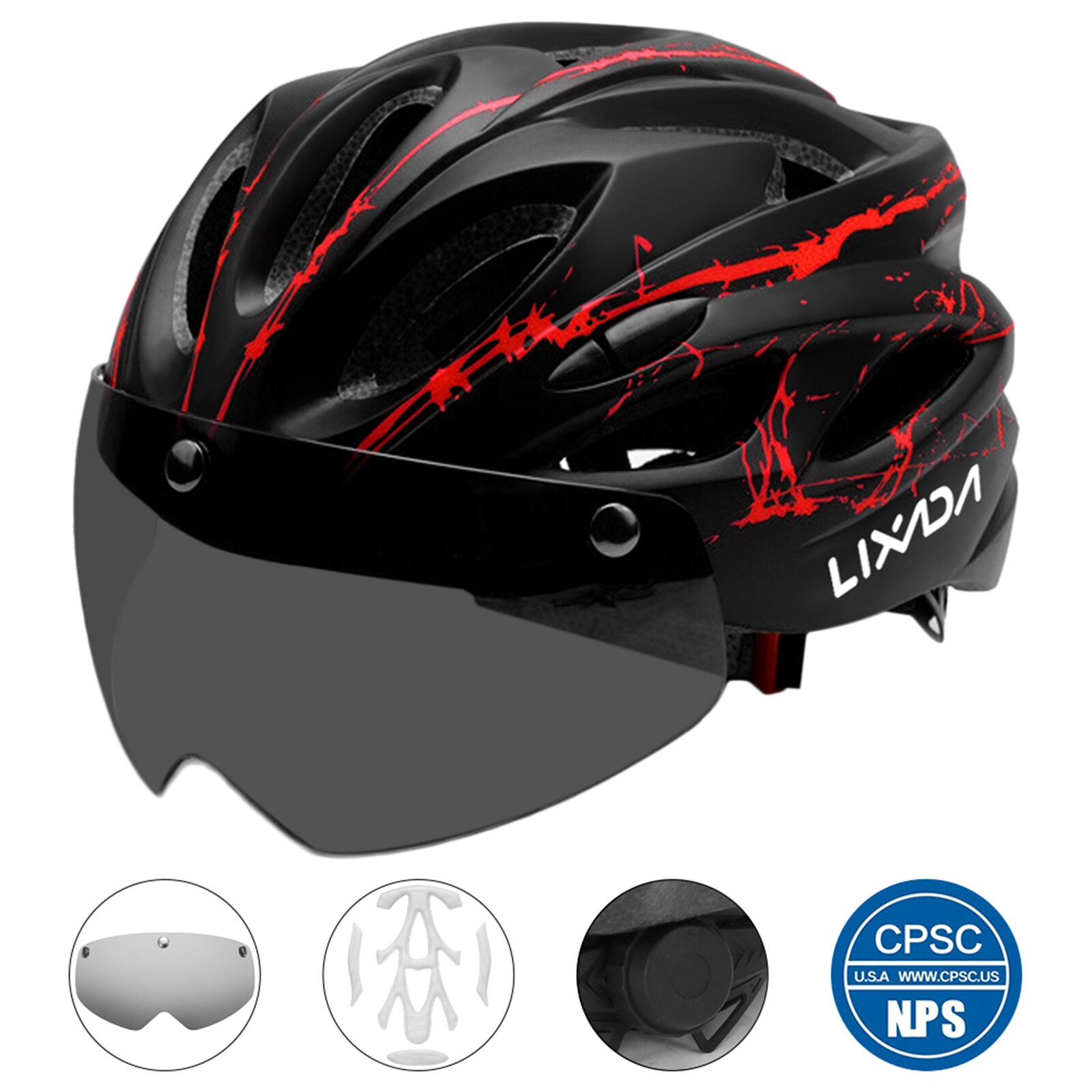 Lixada Bike Cycling Helmet with Detachable Magnetic Goggles LED Light Mountain Road Bicycle Helmets Safety Protective Helmet: Red NO Light