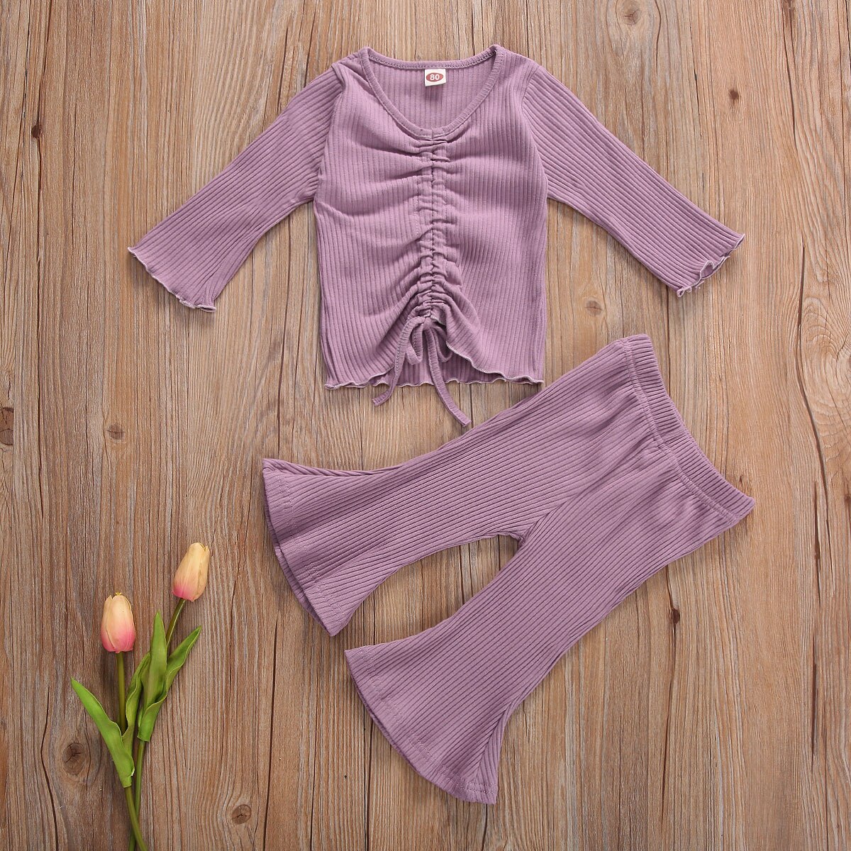 Infant Kids Baby Meisje Geribbeld Solid Set Uitlopende Mouwen Pak Lange Mouwen Tops Shirt Broek Navel Trekkoord Lente Kleding