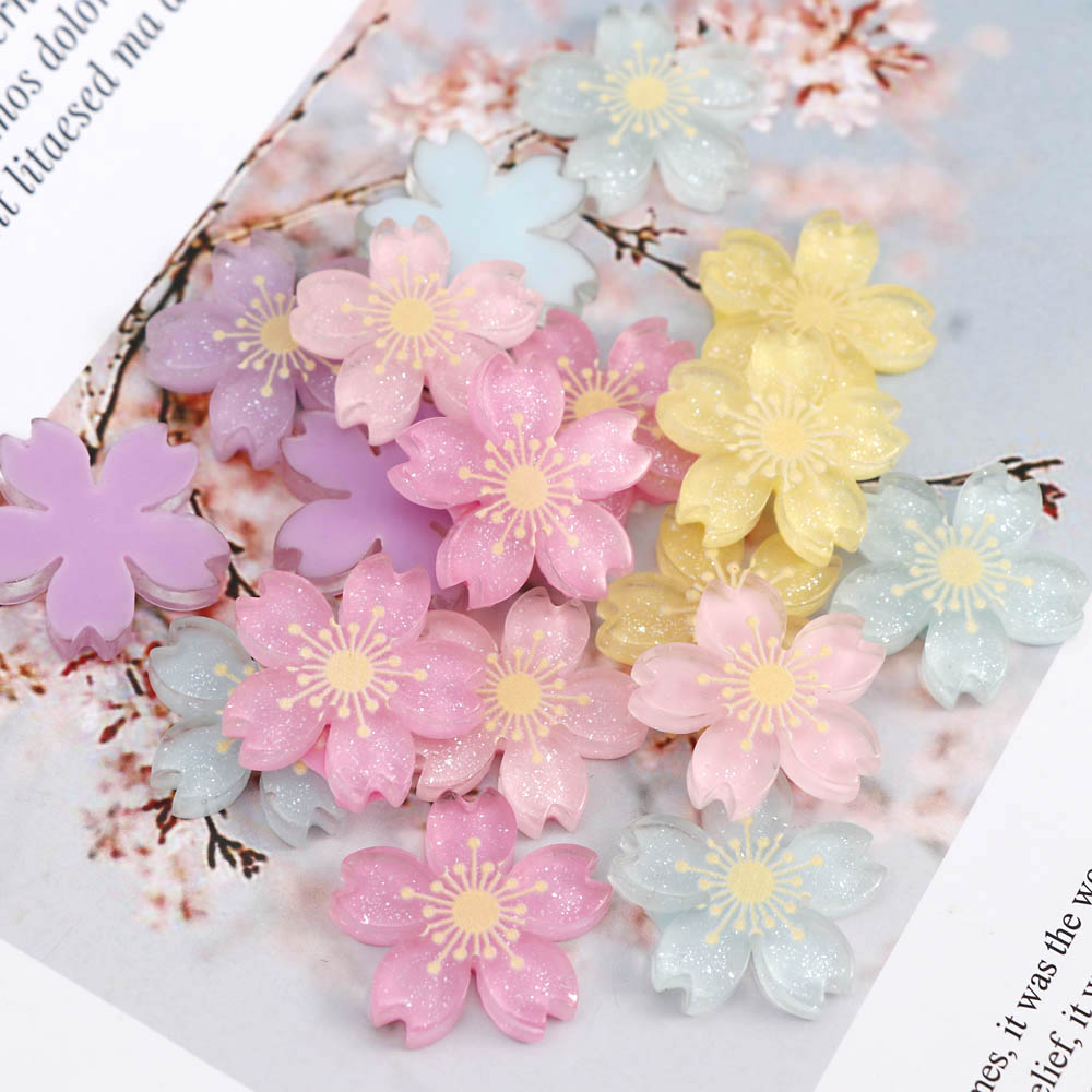 20 Uds. De flores de cerezo de colores variados, accesorios de adorno de resina plana, manualidades de álbum de recortes, decoración para teléfono, 26mm