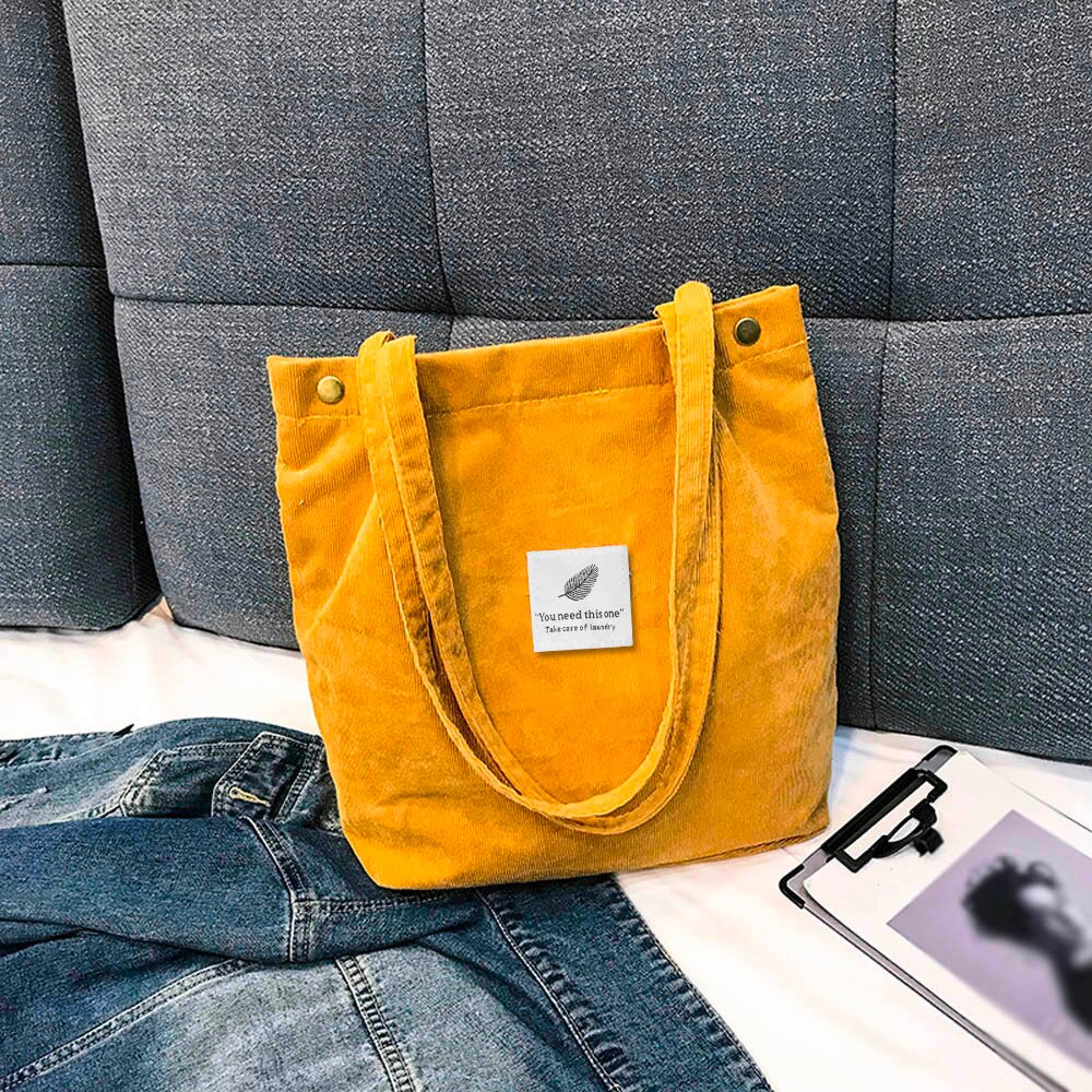 Transer Women Shoulder Bag High Capacity Corduroy Tote Ladies Pure Hand Bag Foldable Reusable Shopping Travel Beach Bag #YY: Yellow