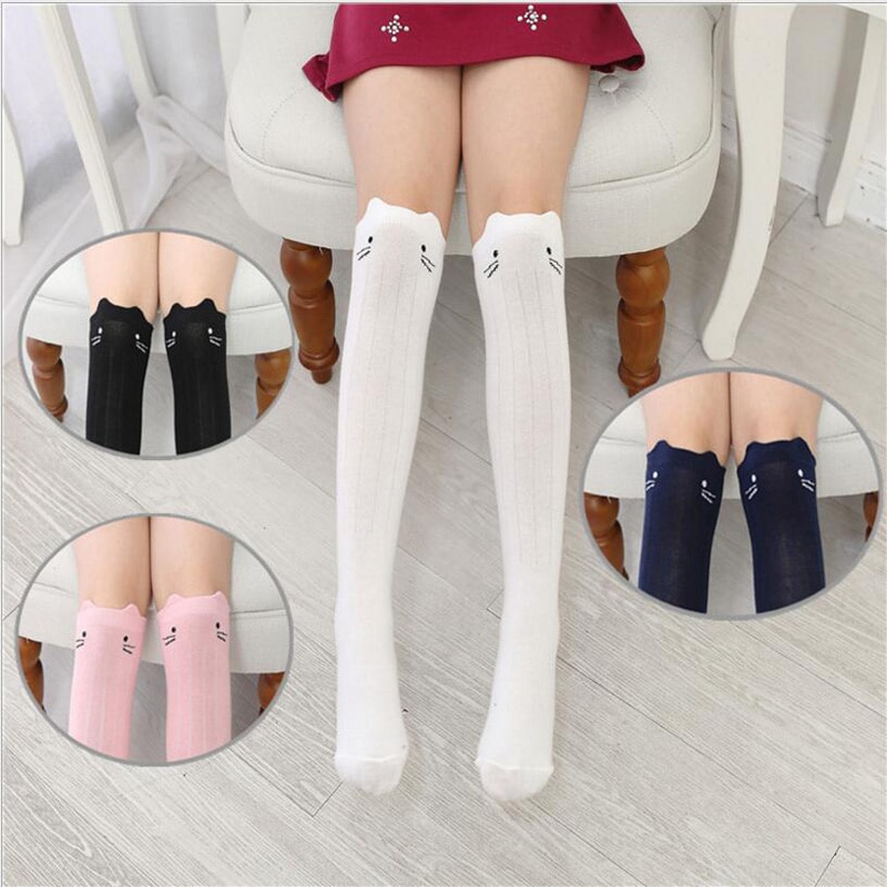 Kid piger sokker børns knæhøje sokker med kat mønster baby benvarmere bomuld prinsesse stil skolepiger lange sokker