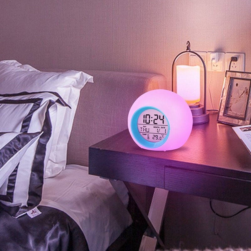 Colorful Glowing LED Digital Alarm Clock Home Bedroom KidsRound Thermometer Calendar Wake Up Clock Desktop Digital Clock