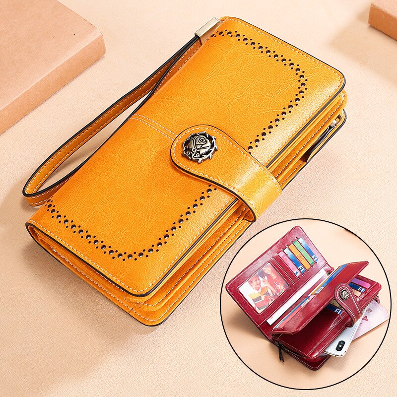 ¡Novedad! Billeteras de piel auténtica para mujer, Monedero de piel con Rfid para mujer, funda larga para teléfono, cartera y tarjetero para mujer: 3555 yellow